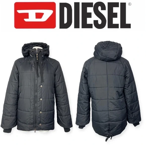 Diesel Woman’s Puffer Jacket Black High Low Hooded Insulated Winter Coat M - Picture 3 of 16